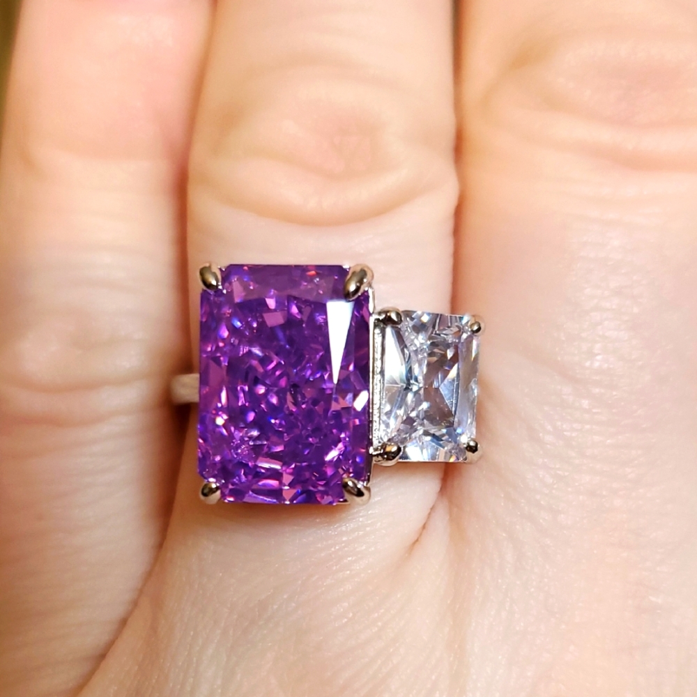 11CTW RADIANT CUT CRUSHED ICE LAB AMETHYST W/ 3CTW HIGH QUALITY CZ 925 STAMPED